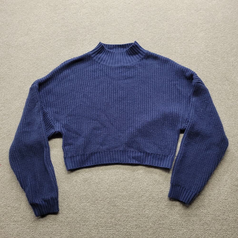 Zaful Womens S Blue Cropped Sweater Chunky Knit Mock Neck Long Sleeve Pullover